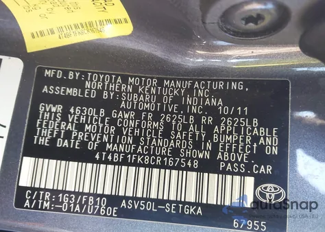 2012 Toyota Camry Xle из США, поврежденный, VIN 4T4BF1FK8CR167548